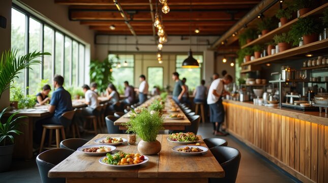 Rustic farm-to-fork restaurant interior featuring wooden tables and fresh culinary dishes in a vibrant dining atmosphere