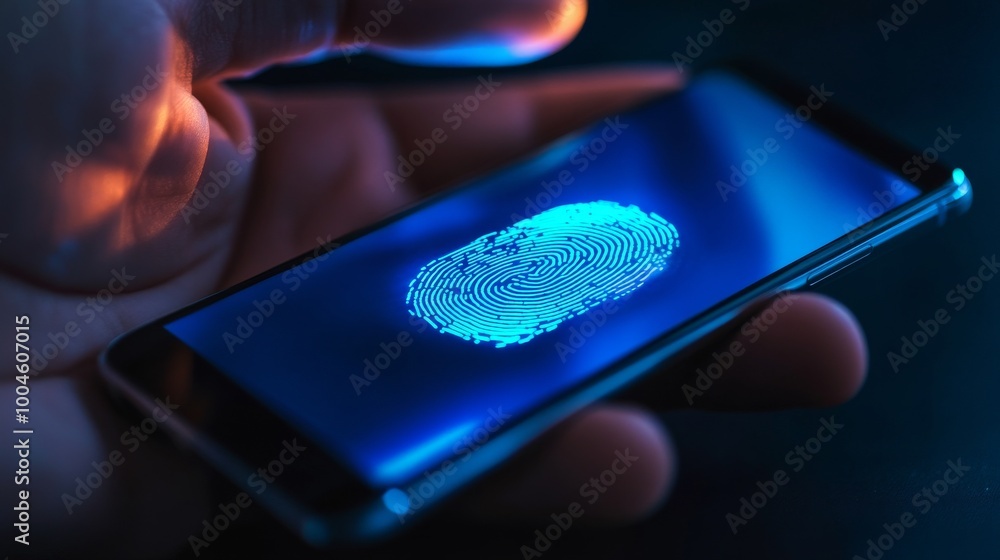 Poster man unlocking smartphone with fingerprint scanning technology