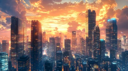 Obraz premium Dramatic skyline of towering illuminated skyscrapers against a backdrop of a vibrant colorful sky at sunset The urban cityscape is bathed in the golden glow of the setting sun creating a cinematic