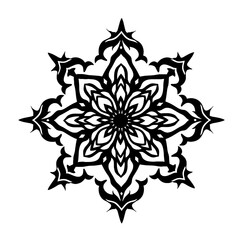 Intricate black and white mandala design featuring floral elements and geometric patterns