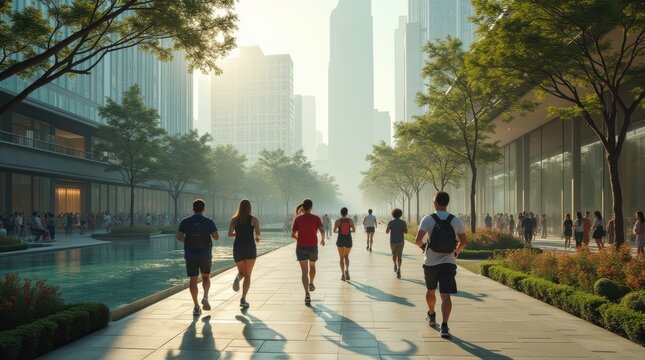 Futuristic city park highlighting diverse individuals jogging and meditating to promote wellness and life extension