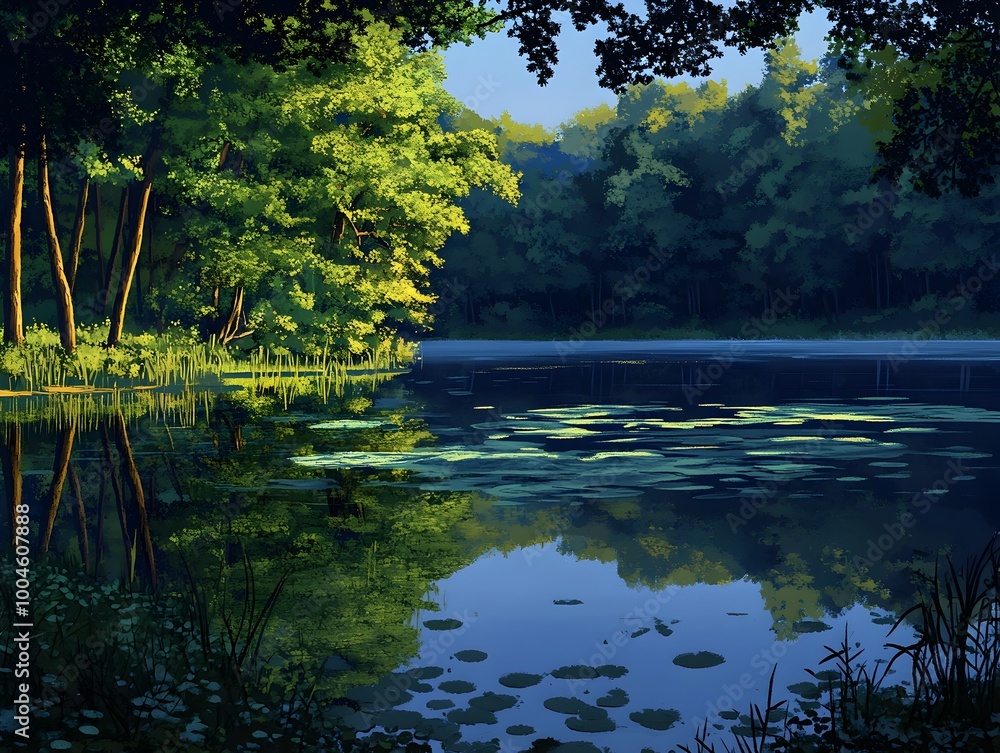 Poster tranquil lakeside scene with still waters reflecting the verdant forest canopy delicate interplay of