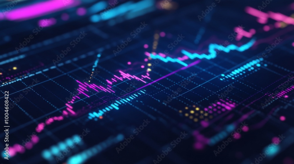 Aufkleber A close-up shot of a digital financial graph on a computer screen, showcasing rising and falling trends with vibrant colors, illustrating market fluctuations and investment opportunities.