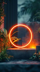 Red neon light forming a circle is standing in a tropical forest