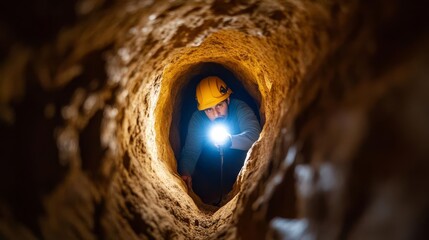 Caver exploring a narrow cave tunnel with headlamp, darkness closing in, underground adventure