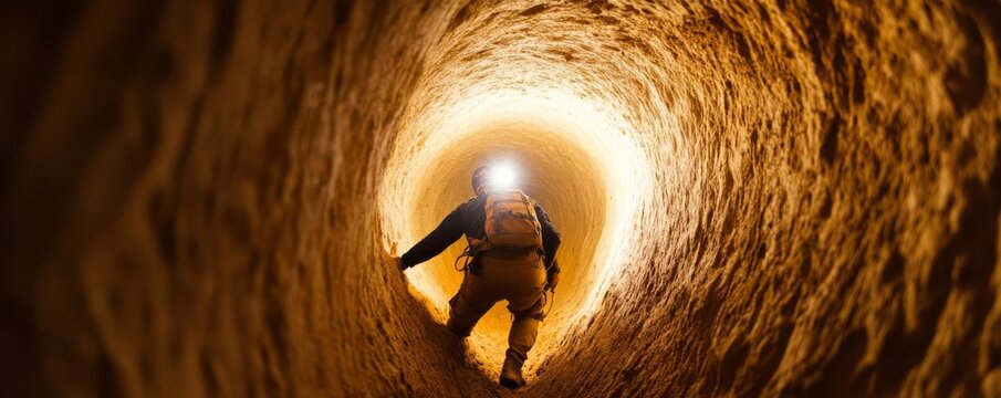 Cave explorer crawling through a narrow tunnel, headlamp lighting the way, underground adventure sport - Powered by Adobe
