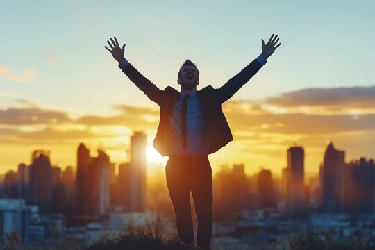 Silhouette of happy businessman, business concept success