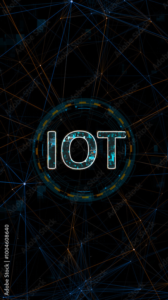 Poster blue digital iot logo with circle futuristic hud elements and orange line connection with internet o