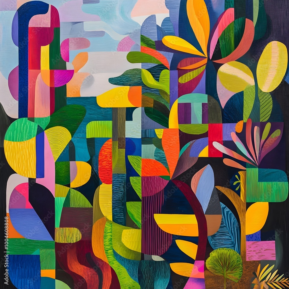 Poster stunning abstract artwork featuring a captivating arrangement of fluid organic forms and angular geo