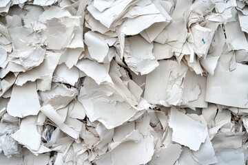 A pile of white paper scraps. Perfect for illustrating recycling or waste.