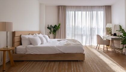 In the bedroom, there is a large window with curtains and a white double bed with white pill