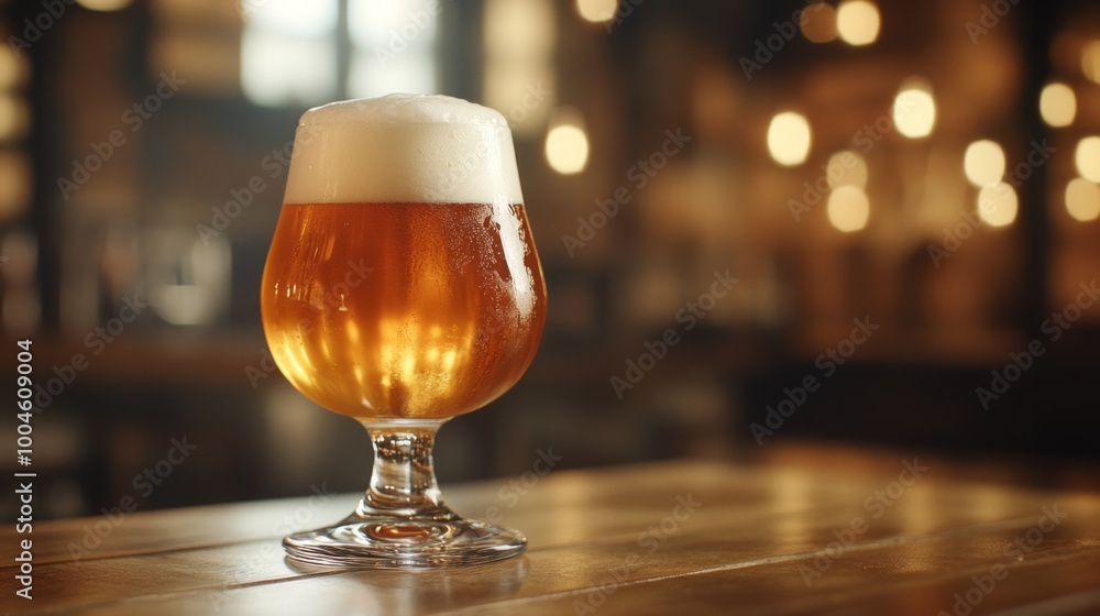 Poster a close-up shot of a frosty beer glass filled with golden ale, adorned with a delicate foam head, re