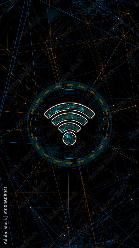Poster blue digital wifi logo with circle futuristic hud elements and orange line connection with wireless 