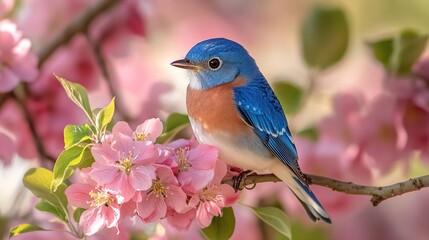 Obraz premium Bluebird perched on pink blossoms in springtime.