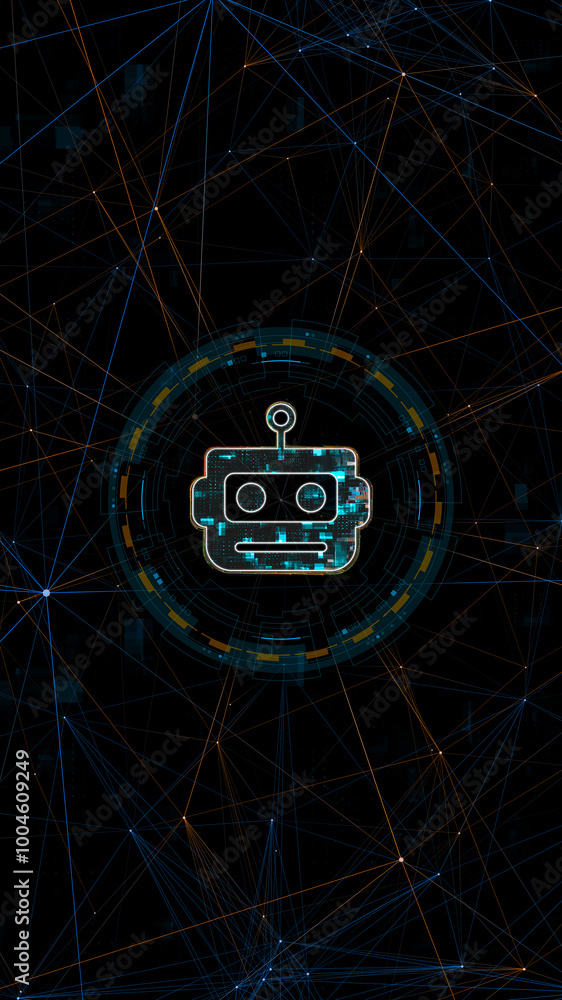 Poster blue digital robot head with circle futuristic hud elements and orange line connection with artifici