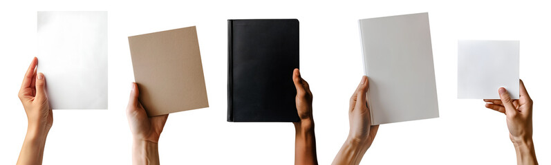 Collection set of male female hand holding blank book journal, note paper, notepad, notebook on transparent background cutout PNG file. Different design Mockup template for artwork design