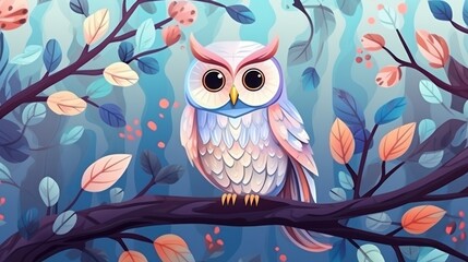Obraz premium Magical Cartoon Owl Perched on a Branch in a Mystical Forest. Vibrant Colors, Nature Illustration
