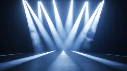 stage with glowing white lights and smoke, with spotlight rays and smoke effects on a black background, stadium presentation