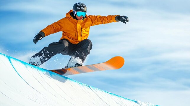 Extreme snowboarder gliding down a half-pipe, executing spins, winter sports adrenaline