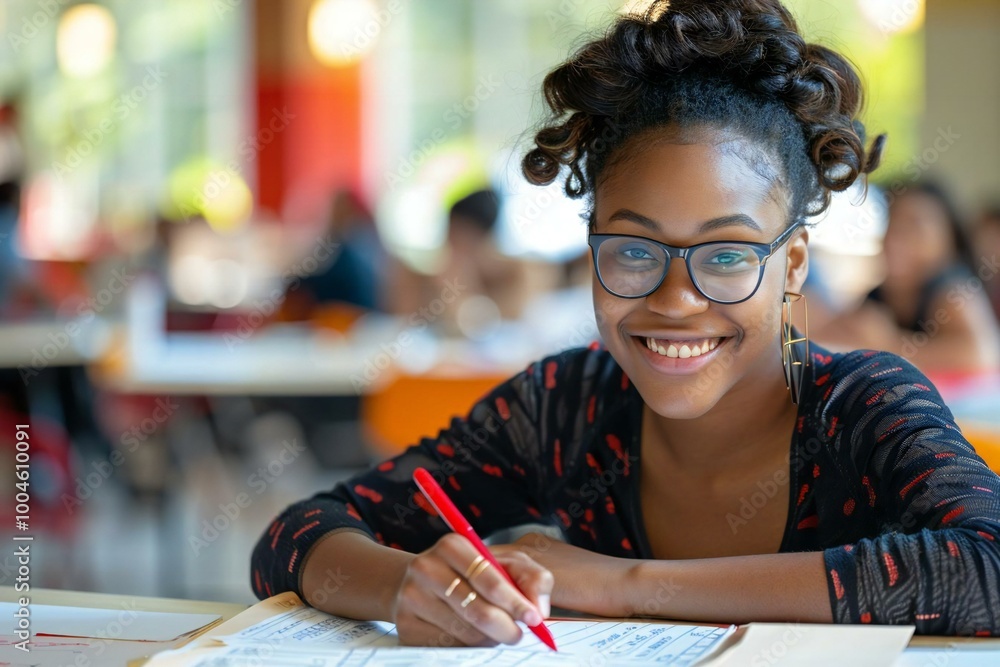Poster - beautiful woman with glasses smiling while marking on checklist form with red pen.