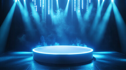round Podium stage with glowing blue lights and smoke, with spotlight rays and smoke effects on a black background, stadium presentation
