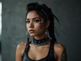 American indigenous woman in a futuristic punk aesthetic.