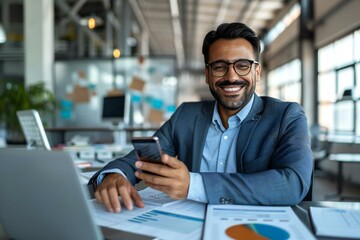 Beautiful businessman wearing eyeglasses smiling while doing online banking on his mobile phone at his office desk.