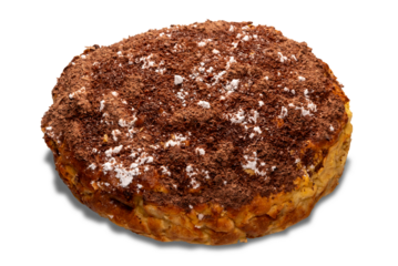 Homemade apple sponge cake covered with grated chocolate and powdered sugar, isolated