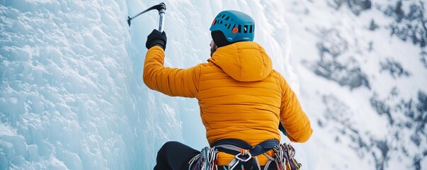 Ice climber scaling a frozen overhang, ice axes piercing, crisp mountain air