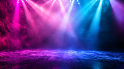 stage with glowing multicolored lights and smoke, with spotlight rays and smoke effects on a black background, stadium presentation
