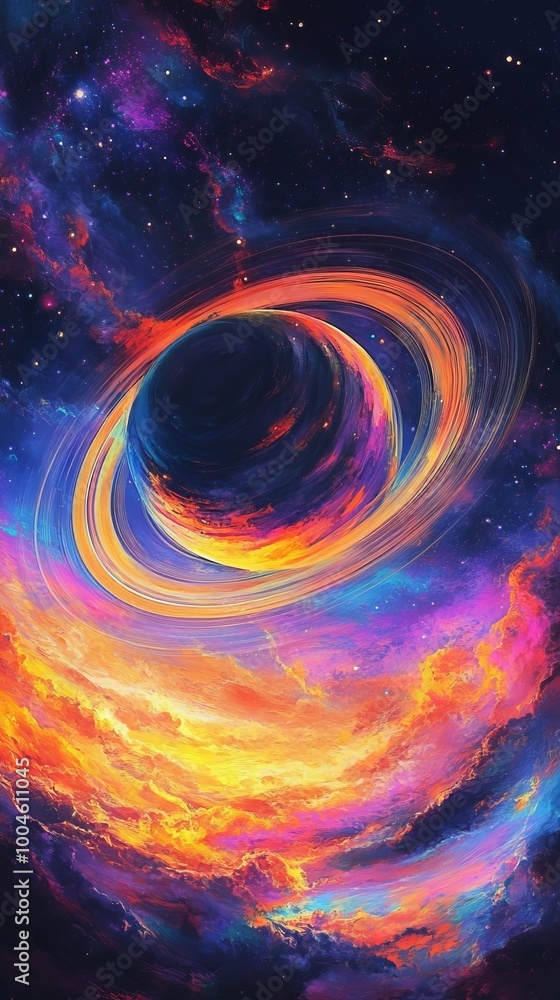 Poster giant colorful gas planet floating in outer space with swirling clouds
