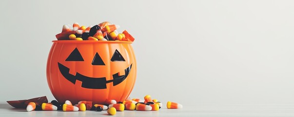Halloween jack o'lantern bucket overflowing with candy on white background