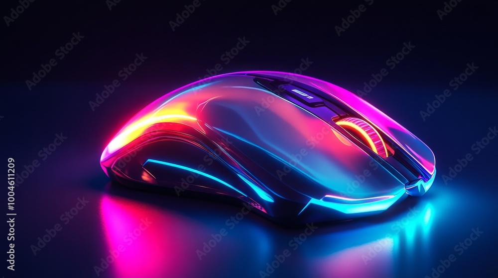 Poster modern computer mouse glowing with neon lights on dark background
