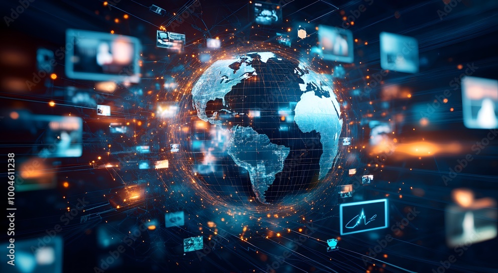 Poster abstract digital globe surrounded by multiple television screens. representing global network connec