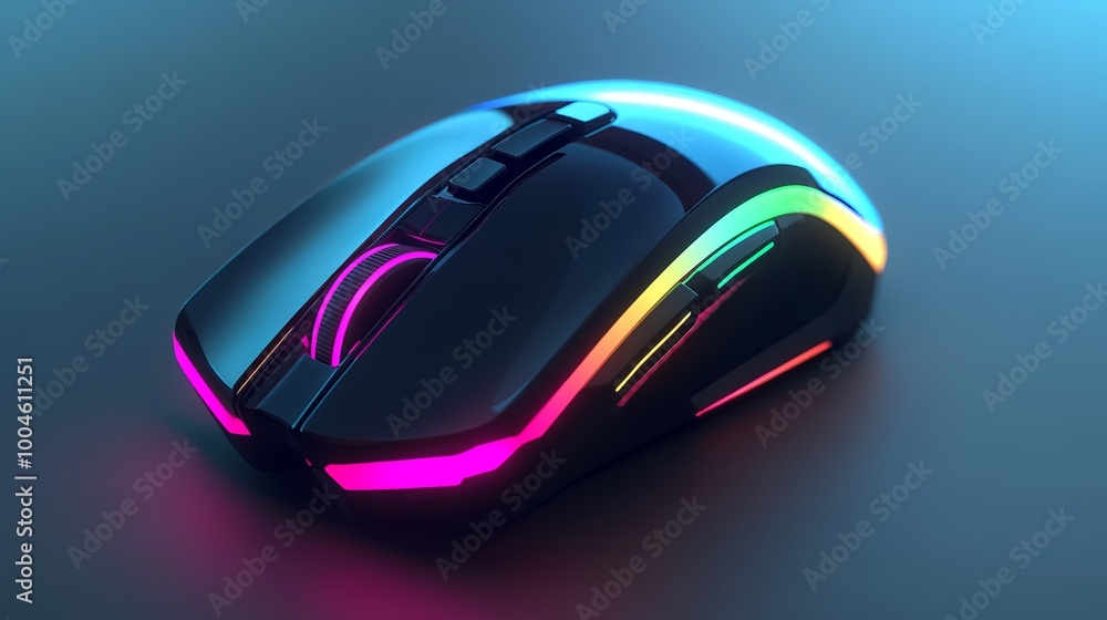 Poster modern computer mouse with rgb lighting glowing on dark background