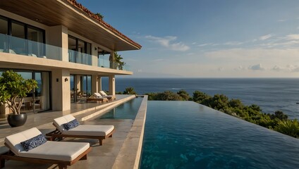 An elegant cliffside villa features an infinity pool with a deep blue sea view, providing tranquility.