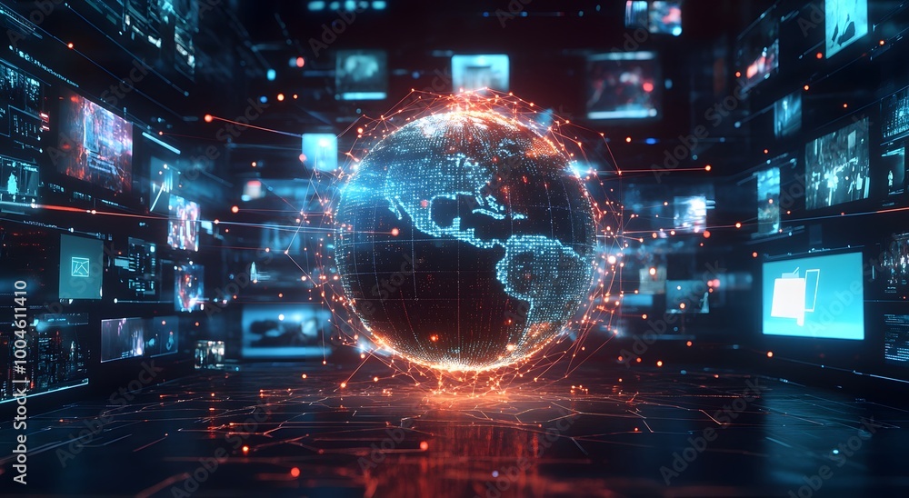Aufkleber abstract digital globe surrounded by multiple television screens. representing global network connec