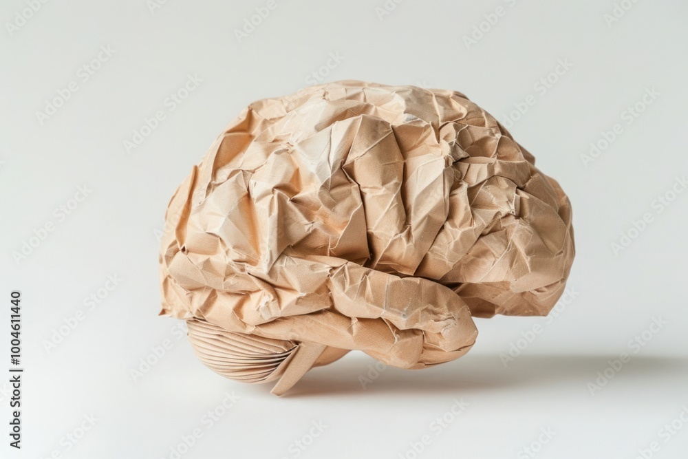 Sticker Brain in style of crumpled paper cardboard clothing.