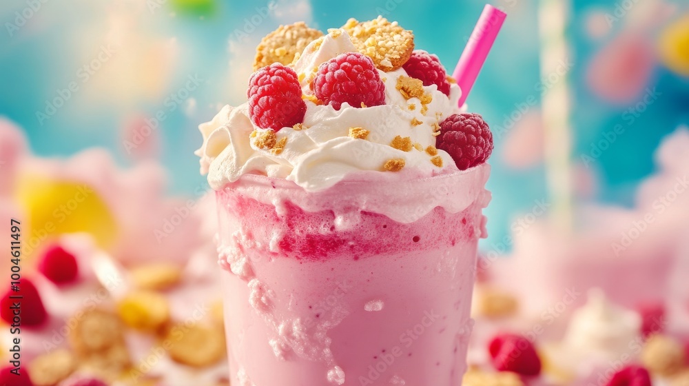 Poster pink raspberry milkshake topped with whipped cream and cookie crumbles on a colorful background