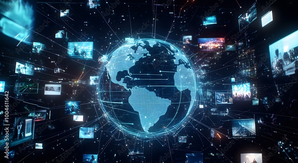 Aufkleber abstract digital globe surrounded by multiple television screens. representing global network connec