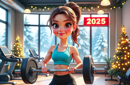 Cute cartoon fit young woman lifting weights in a festive gym decorated for the new year 2025, with Christmas trees and snowy winter scene outside, symbolizing fitness goals and new beginnings.