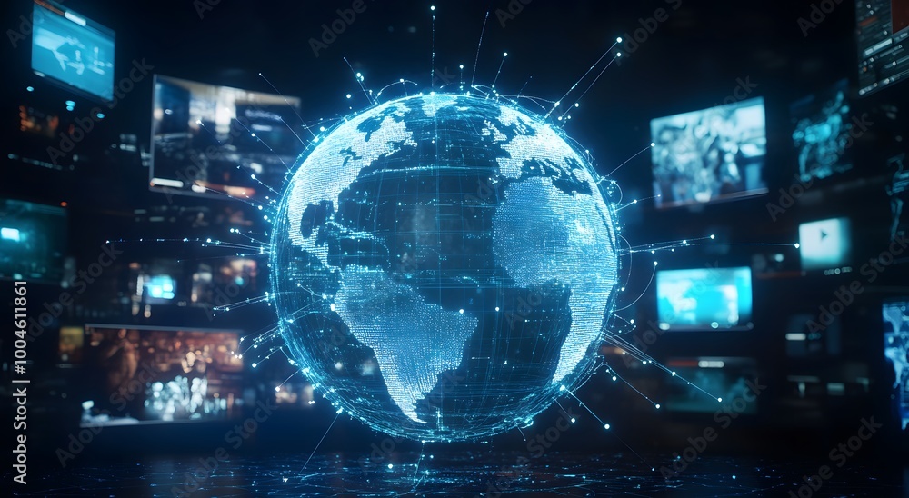 Aufkleber abstract digital globe surrounded by multiple television screens. representing global network connec