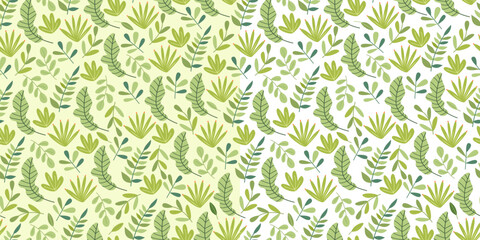 Fototapeta premium Set of floral seamless patterns with green tropical leaves. Great for fabrics, especially for linen, wrapping papers, wallpapers, covers. Vector illustration in flat style