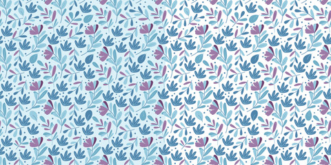 Set of floral seamless patterns with blue and purple tropical leaves on white and blue. Great for fabrics, especially for linen, wrapping paper, wallpaper, covers.  Flat style vector illustration