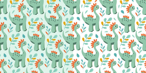 Set of seamless patterns with funny  baby dinosaurs and tropical colorful leaves. Great for fabrics, wrapping papers, wallpapers, covers. Vector illustration in hand drawn flat style
