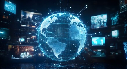 Abstract digital globe surrounded by multiple television screens. representing global network connectivity, news and media connectivity. A symbol of the impact of modern communication technology