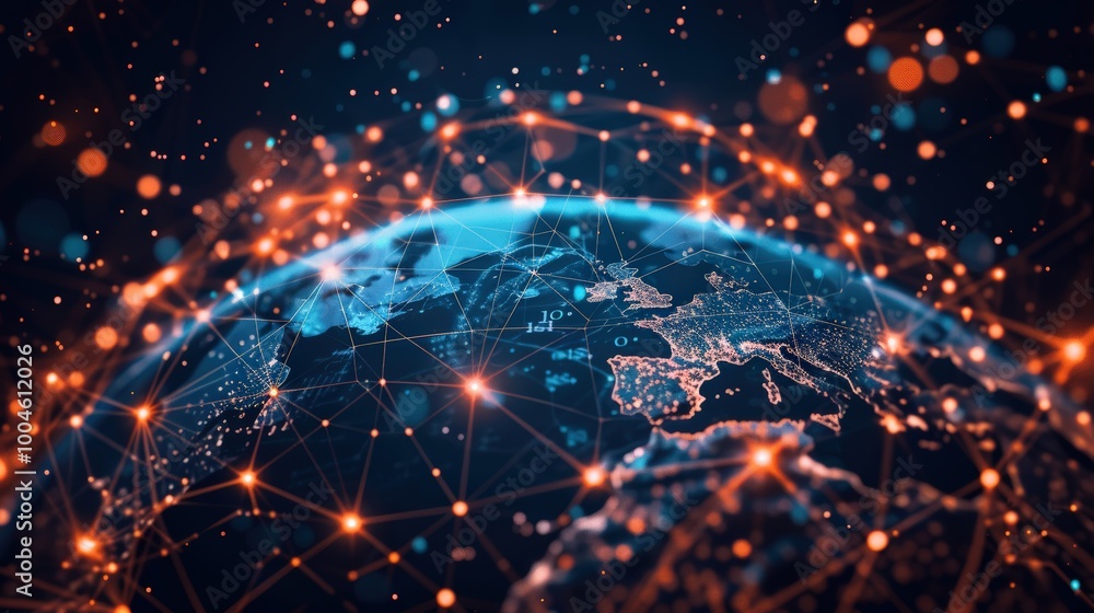 Poster abstract global network concept with connecting lines and dots around the earth
