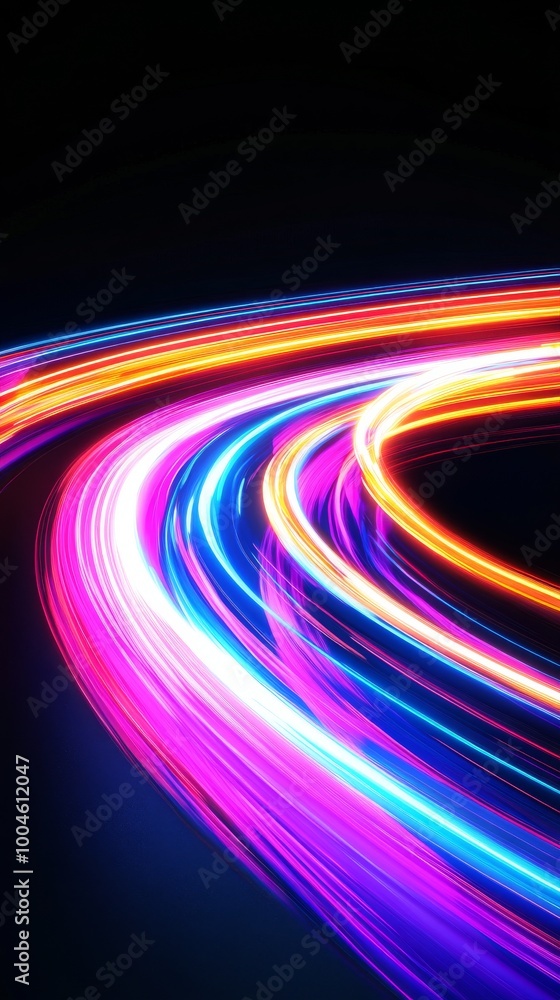 Poster colorful light trails creating swirling abstract pattern on black background