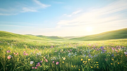 Obraz premium Serene Impressionist Style Landscape with Lush Meadows Vibrant Wildflowers and Soft Wispy Clouds Across a Clear Azure Sky