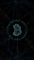 Blue digital money logo with circle futuristic HUD elements and orange line connection with crypto currency finance and digital money technology concepts vertical abstract background